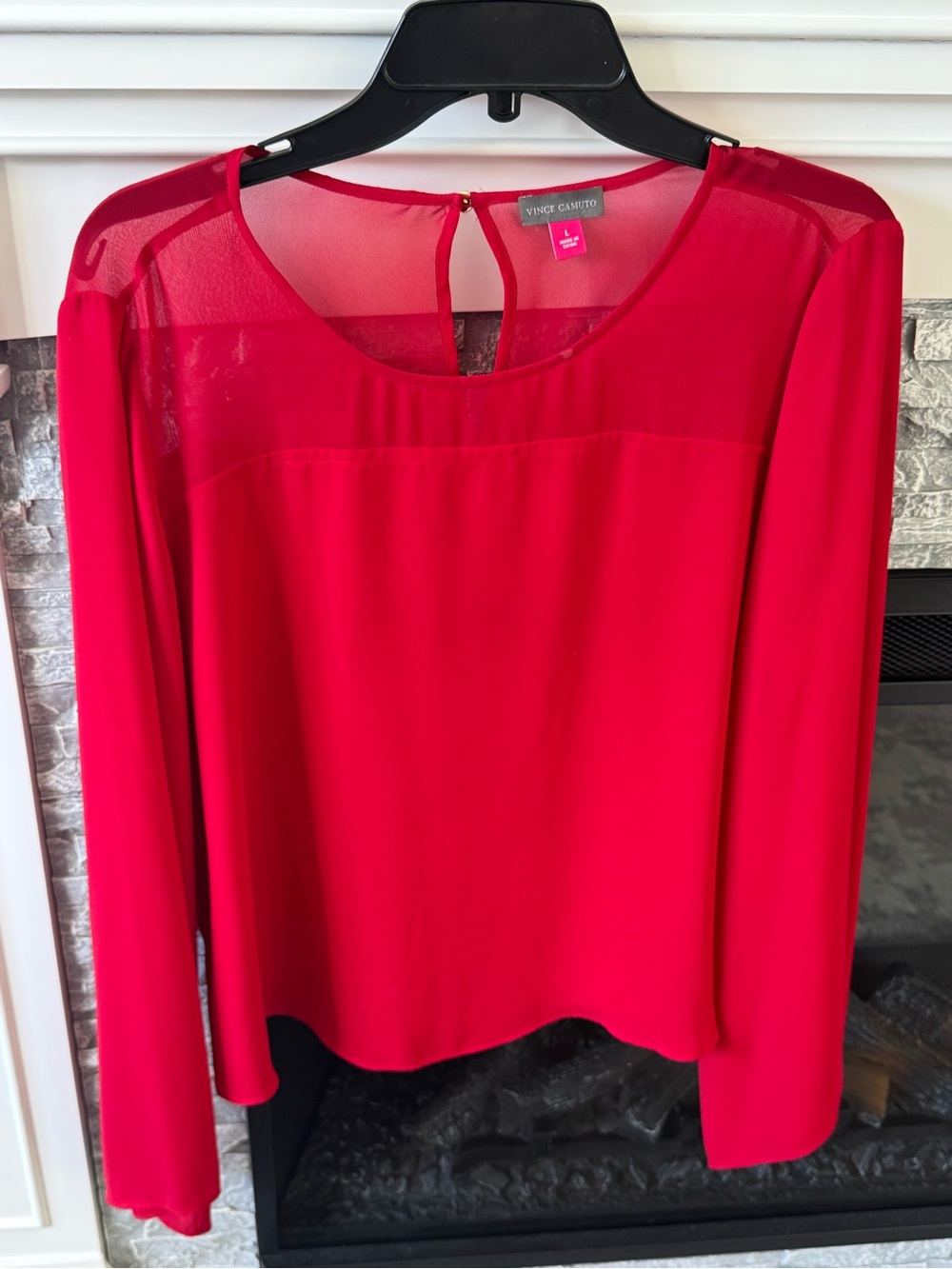 Vince Camuto long-sleeve blouse sheer mesh yoke vibrant red